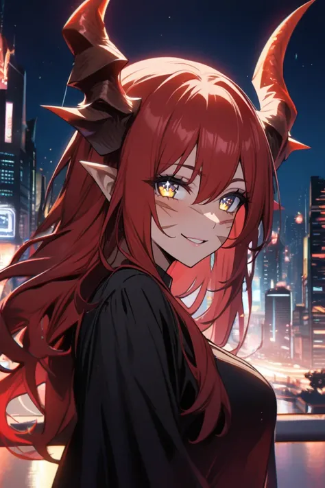  1 girl, solo,  Hi-Res,  long hair,  look,  smiles,  Bright Eyes ,  night city,tooth,adult,  seductive smile,  dragon horn, Eye scars,  red hair ,  has sparkling eyes, 