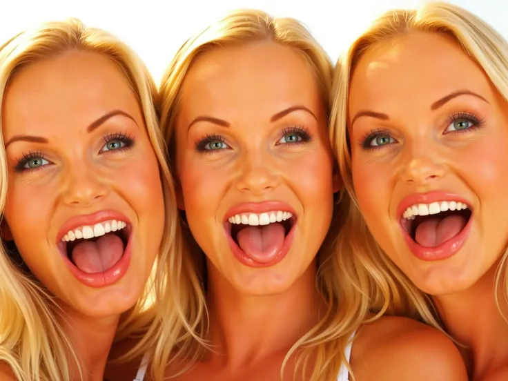 three blond woman, heads next to each other, smiling, mouth open wide, tongue , faces only, sunny