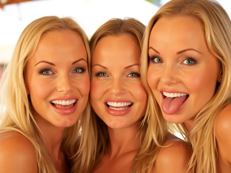 three blond woman, heads next to each other, smiling, mouth open wide, tongue , faces only, sunny