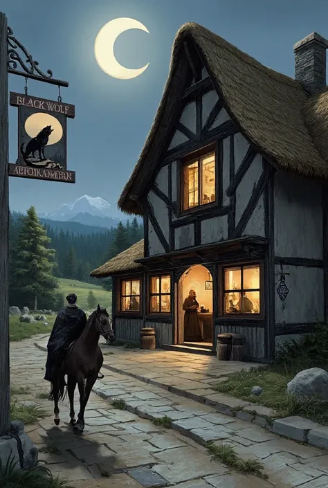 in the style of  Frank Frazetta, The scene depicts a rustic, timber-framed inn with a thatched roof, nestled at a crossroads under a twilight sky. A glowing crescent moon hangs above, casting a silvery light over the scene. The inn’s sign features a black ...