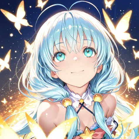 Face Focus, masterpiece, highest quality, girl，Looking up，Sparkling and colorful, Sparkling butterfly，Twinkle Star，shining heart，Night Background, fire Fly, Particles of light, alone, Twin-tailed light blue hair, Aqua Eye, Cute Smile，Are standing, Pixiv, W...