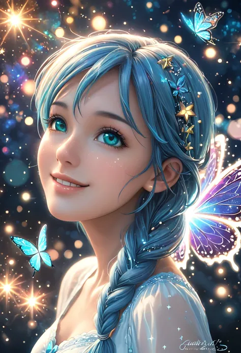 Face Focus, masterpiece, highest quality, girl，Looking up，Sparkling and colorful, Sparkling butterfly，Twinkle Star，shining heart，Night Background, fire Fly, Particles of light, alone, Twin-tailed light blue hair, Aqua Eye, Cute Smile，Are standing, Pixiv, W...