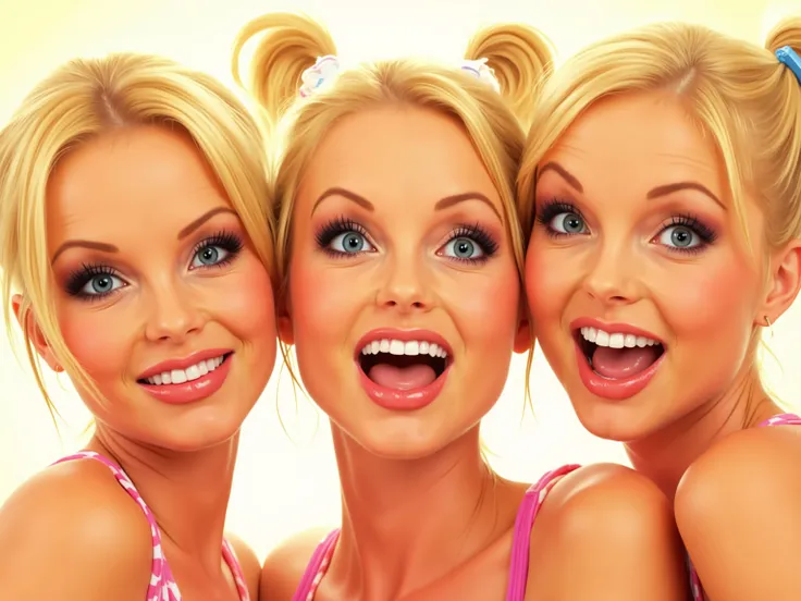 three blond woman, heads next to each other, smiling, mouth open wide, tongue out, faces only, sunny, hair in a pony tail