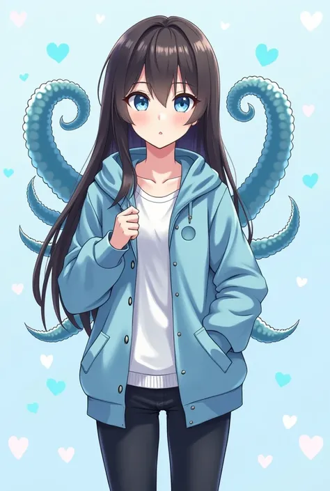 ,  better quality,  You can make an 18-year-old girl ,  fair skin ,  long dark brown hair,  sky blue eyes , white flannel, light blue jacket,  black pants ,  2 alien tentacles of light blue color, That the 2 tentacles are making a heart in the back, light ...