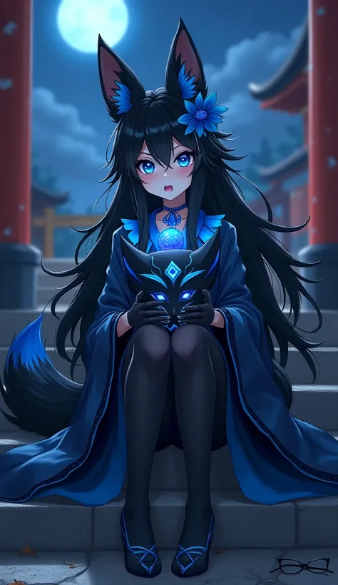 A aged female black furred kitsune with long wild black hair with blue accents and with blue ribbons and a glowing blue flower, she has sapphire blue irises with black slitted fox pupils, with black fox ears with glowing blue fire in the fur inside her ear...