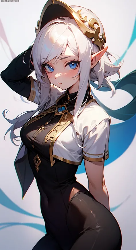 An elf looking (She have white her and blue eyes)Solo, High Resolution, Looking at viewer ,and she stsy on the bulge of the viewer while she cover her breats 