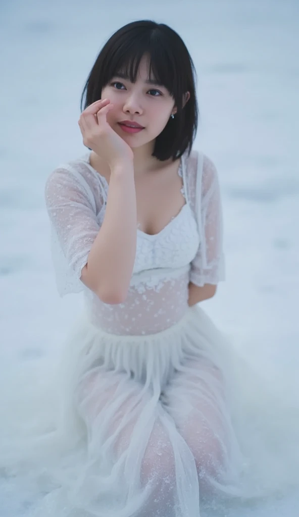 Plains of ice、On ice with puddles 、There&#39;s nothing around 、  pure white panty rack 、  fair, textured skin 、 sitting on one knee on ice、Rainy body and hair 、  knee open 、   short hair,    thighs 。 and tighten their waist

