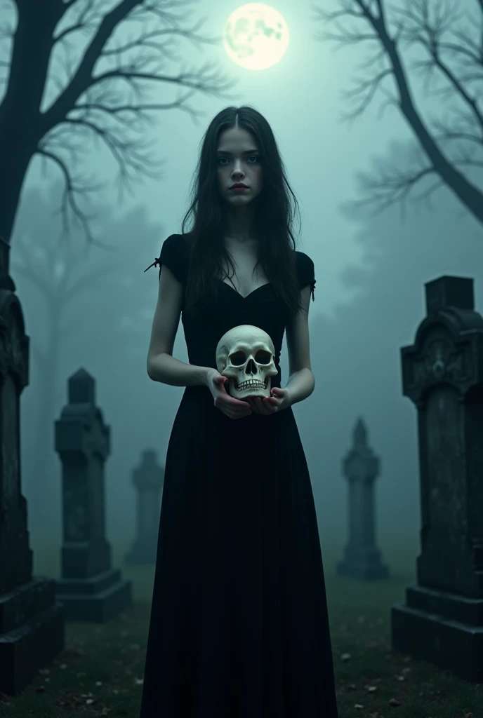 A 15-year-old girl, pale skin, long dark hair, piercing gaze, wearing a long black dress, in her hands holding a skull, walking in the cemetery, on a foggy moonlit night