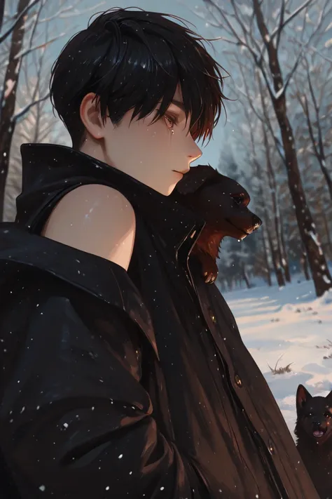  masterpiece,  top quality,  amazing quality ,  very beautiful in terms of view,  high resolution , recent, Ultra-precision, realism, 1 man,  Black Hair , Two-tone hair, black coat,  detailed snow,   Round Yellow Eyes  , severed, bare shoulders, Black colo...