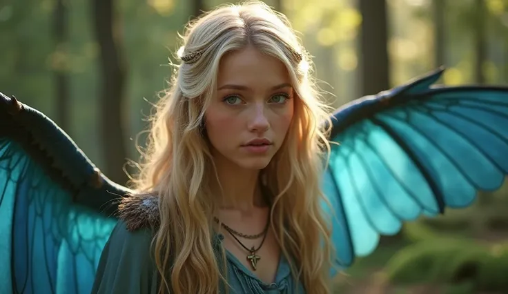  Woman,  21 years old,  blond hair,  showing full hair ,  green eyes, chatting with Merlin , flying through the forest with its beautiful blue wings, portrait,  resolution 8k,  ultra-realistic texture,  sharp details 