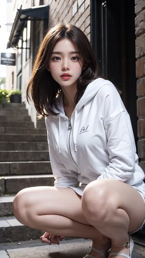 ai_kase, (Popular Shopping Malls:1.2), (A popular area with many luxury brand shops:1.2), (Beautiful woman standing by the alley of the luxury brand shop district:1.3), (She is wearing a Front zipper sweatshirt hoodie With Ribbon:1.3),break, cotton mini sk...