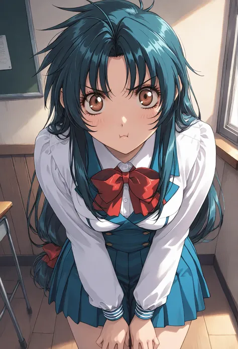 {{{masterpiece}}}, {{{best quality}}}, {{ultra-detailed}}, {illustration}, {{an extremely delicate and beautiful}}, {{{Chidori Kaname}}}\( full metal panic)((  Unity 8k Wallpaper),(  detailed image  ), ,{{{ school uniform}}}, black hair,,{{Harisen}}, pout