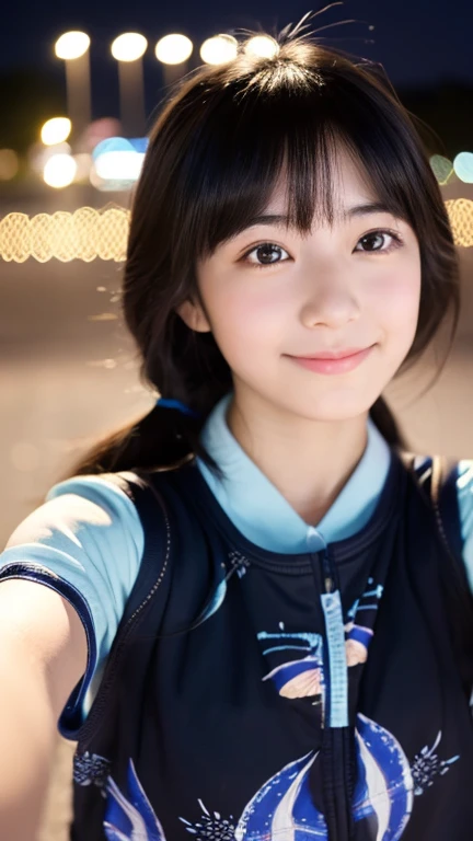  take a selfie 、  cute Japanese girl looking up at the starry sky at night ,   black hair, Moderate ,  high school,  High Quality Pictures 、Cover your face a little with your hands、summer、summer着,valley