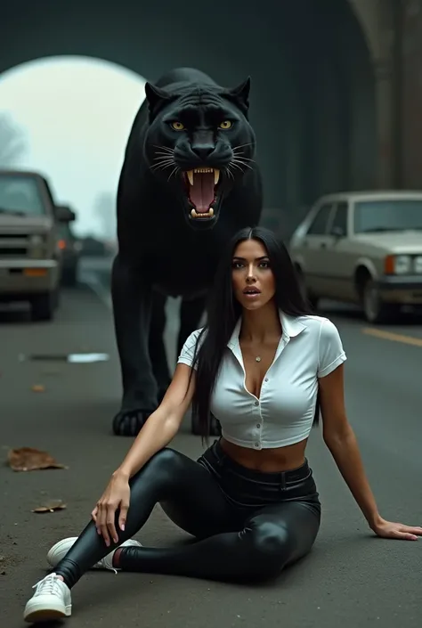 Kim Kardashian with long straight black hair in  in a white  poloshirt with buttons and collar and with sleeves in a very tight black latex leggings, large cleavage, white shoes ,  in a highway tunnel , I&#39;m sitting, The cars are abandoned already old, ...