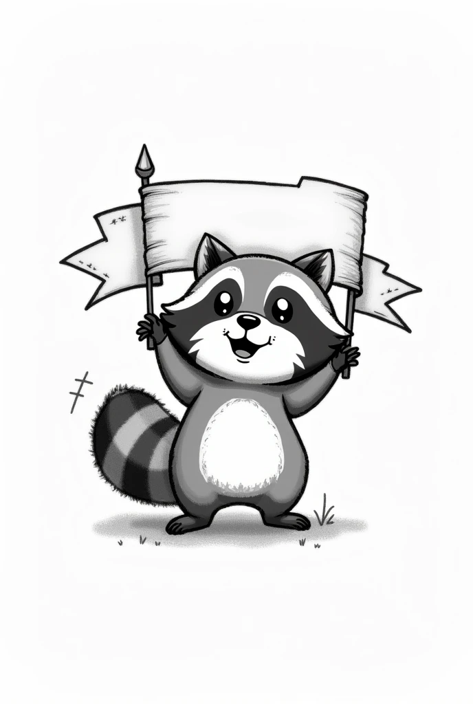 Drawing of silly cute racoon in black and white holding a banner but not ish