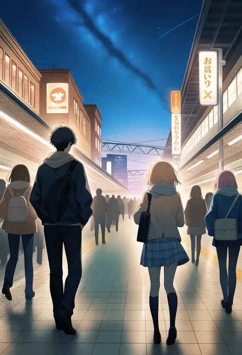 In a high-resolution scene at a train station platform, long-lost lovers are locked in a tight embrace. The girl's tears slide down and land on the boy's shoulder, their emotions raw and palpable. Around them, a bustling crowd hurries by, but their world s...