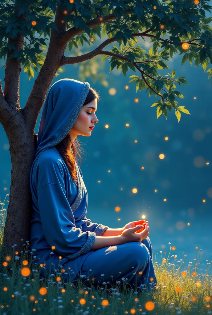 Generate an image of a young woman wearing a blue Tibetan tunic with a veil over her head meditating under a tree full of fireflies, the place recalls peace and serenity, Auguste Renoir-style olé painting