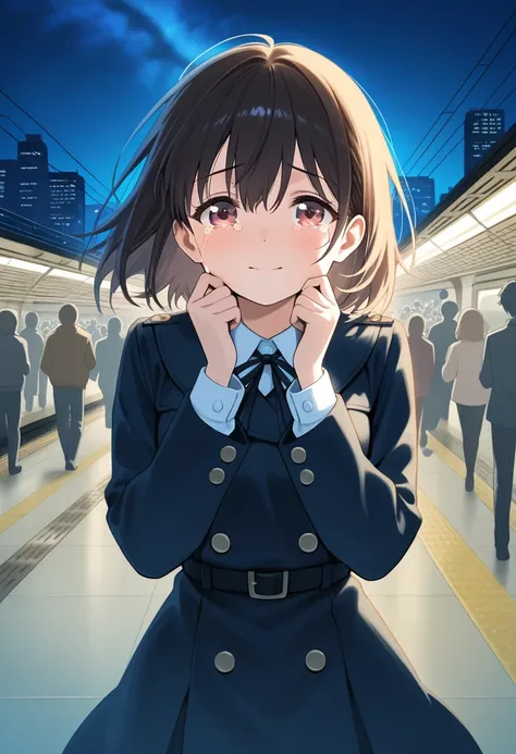 In a high-resolution scene at a train station platform, long-lost lovers are locked in a tight, emotional embrace. The girl's tears slide down her cheeks and land on the boy's shoulder, their emotions raw and palpable. Around them, a bustling crowd hurries...