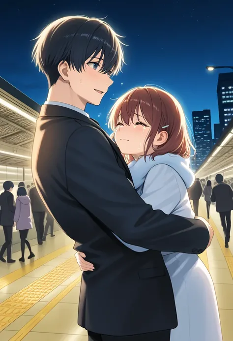 In a high-resolution scene at a train station platform, long-lost lovers are locked in a tight, emotional embrace. The girl's tears slide down her cheeks and land on the boy's shoulder, their emotions raw and palpable. Around them, a bustling crowd hurries...