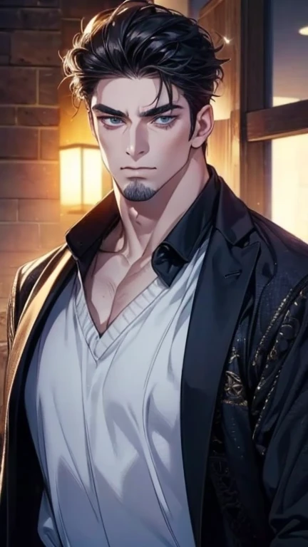 (  stupid,4K,8k,  highres,  masterpiece:1.2),  ultra-detailed,(realistic,photorealistic,photo-realistic:1.37),36-year-old man,3 day beard,cute anime ,Portraits,strong,Masculine,  dark hair,sharp jaw,    mesmerizing eyes    ,  perfectly combed hair,  cool a...