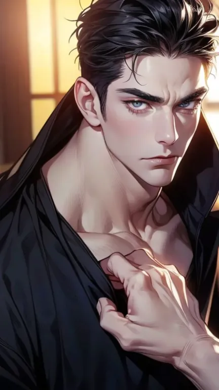 (  stupid,4K,8k,  highres,  masterpiece:1.2),  ultra-detailed,(realistic,photorealistic,photo-realistic:1.37),36-year-old man,3 day beard,cute anime ,Portraits,strong,Masculine,  dark hair,sharp jaw,    mesmerizing eyes    ,  perfectly combed hair,  cool a...