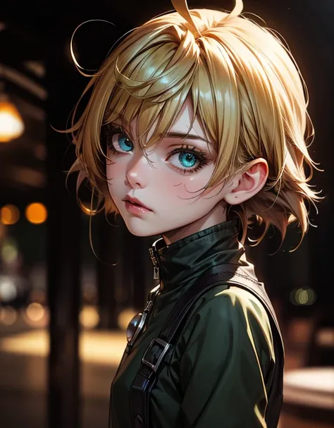 1girl, short hair, blonde hair, aqua colored inner hair, side braid, ahoge, aqua eyes, rust playground, curled up, corner, dark, dim lighting, ((4k, 8k, Ultra HD)), ((Masterpiece :1.2)), ((Best quality :1.2)), ((Detailed :1.5)), ((Detailed background :1.5)...