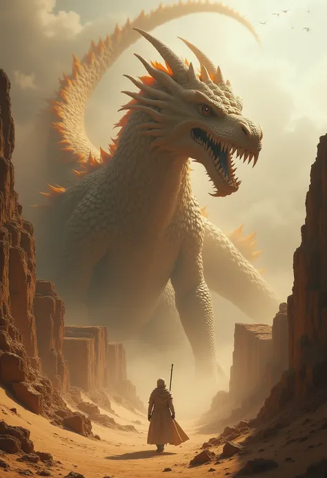   Sand Dragon created from a desert canyon  ，  very detailed tail  , paws, teeth,  frightening mouth  ,   Grand Canyon in the Desert   ,  sandstorm  ，wind，  flying sand  ，wind，wind，wind，  gloomy sky  ，abandoned курган，  broken wall  ，old，wind，abandoned，  p...