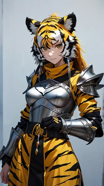 1 solo female, animal tiger ears, animal tiger hands, animal tiger print, bell ((Armor reminiscent of a tiger))