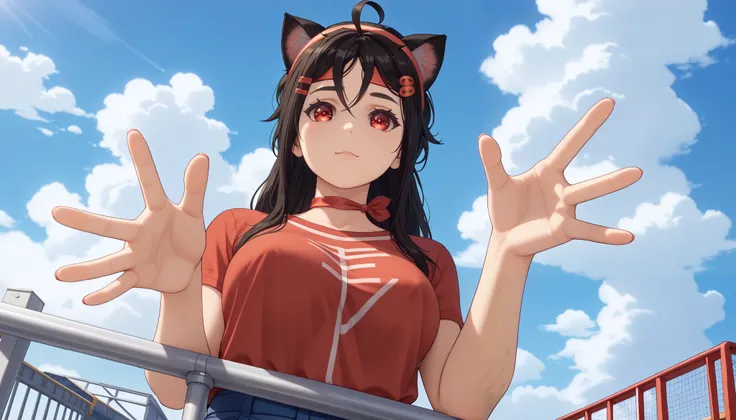 meter ,    long hair, periphery, , ((cat girl, cat ears)), (red eyes), ( long hair ), (( black hair, (Ahoge),,    multicolored ,  Unscrewed  ,   headband  , choke,Break  shirt,  shirtless ,  sujetador unido a un abrigo de encaje , ,Break looking at viewer,...