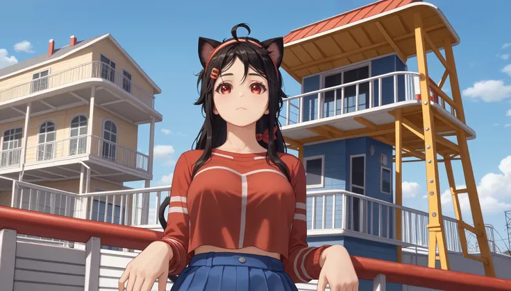 meter ,    long hair, periphery, , ((cat girl, cat ears)), (red eyes), ( long hair ), (( black hair, (Ahoge),,    multicolored ,  Unscrewed  ,   headband  , choke,Break  shirt,  shirtless ,  sujetador unido a un abrigo de encaje , ,Break looking at viewer,...