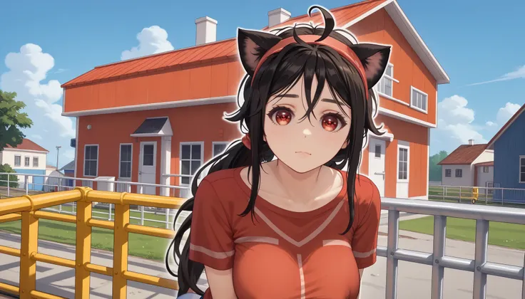 meter ,    long hair, periphery, , ((cat girl, cat ears)), (red eyes), ( long hair ), (( black hair, (Ahoge),,    multicolored ,  Unscrewed  ,   headband  , choke,Break  shirt,  shirtless ,  sujetador unido a un abrigo de encaje , ,Break looking at viewer,...