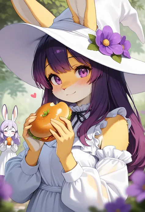 2girls, (furry, kemono:1.4), rabbit girl, animal nose, rabbit ears,, hat, smile, purple eyes, solo, purple hair, witch hat, blush, holding, looking at viewer, dress, heart, white headwear, long sleeves, detached sleeves, closed mouth, food, puffy long slee...