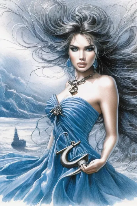 drawing of a woman in a blue dress,  long lashes ,  beautiful hair , an anchor is attached to her belly  , она танцует in luis royo style,  super quality ,details ,landscape sea, it&#39;s raining , a storm ,storm, the anchor hangs on the stomach as a load