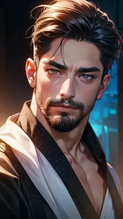 (       ,4K,8k,      highres,      masterpiece :1.2),      ultra-detailed    ,(realistic,photorealistic,photo-realistic:1.37),36-year-old man,3 day beard,Beautiful anime,Portraits,strong,Masculine,       with black hair  ,sharp jaw,           mesmerizing e...