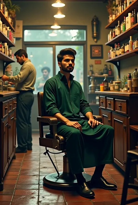 A 25-year-old boy in a dark green Punjabi pajama is sitting on a chair in a salon where a barber is cutting hair.