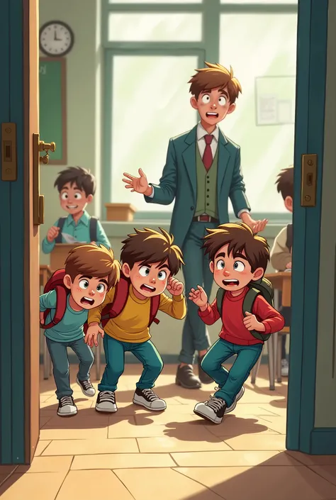 I want an illustration of three boys students trying to Escape the severe teacher into the class before he notice they are late