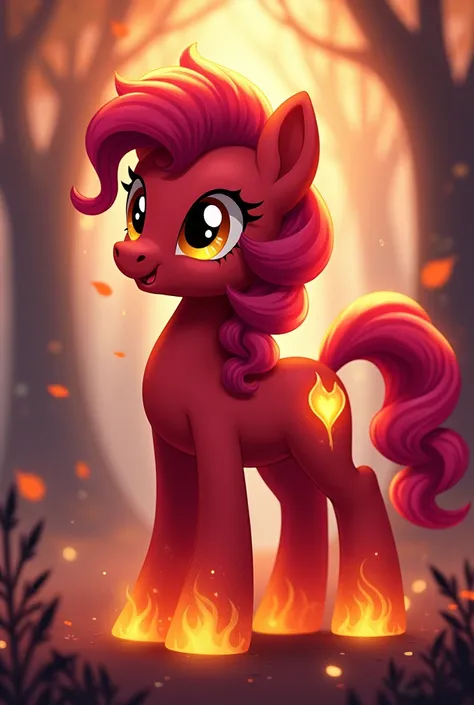 

 Adjusted description :
" A My Little Pony style pony with a scarlet red body ,  mane in shades of wine and cherry ,  and glowing golden eyes .  The pony exudes a warm and motivating energy .  Your cutie mark is a bright flame inside a heart ,  symbolizi...