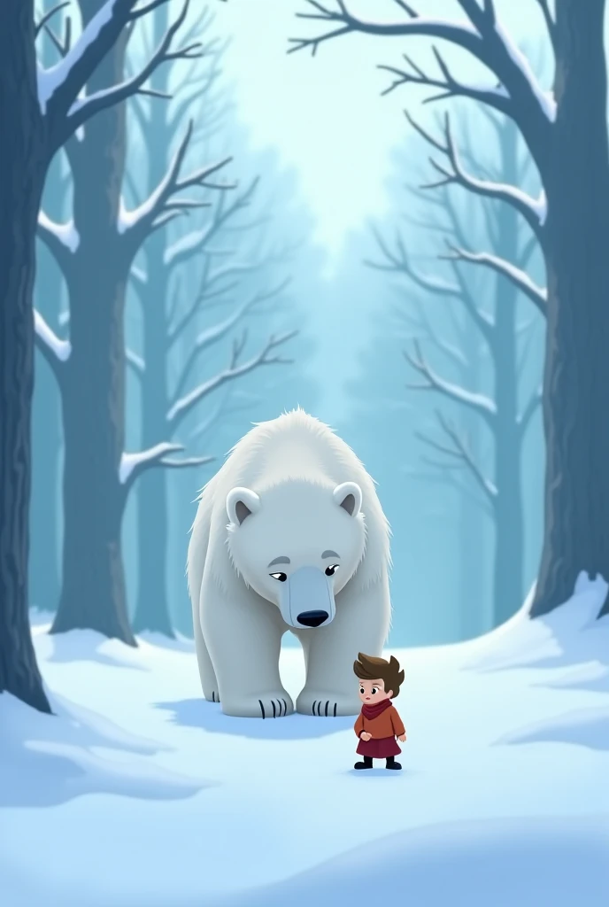 🎥 The first scene : . A small  walks alone in a snow-covered forest, looking frightened and cold . ❄️🥶
🎥 المشهد الثاني: . Suddenly, a huge but cute white bear appears, approaching the  slowly. . 🐻‍❄️👦
🎥 المشهد الثالث:  The  is reluctant at first, but the b...