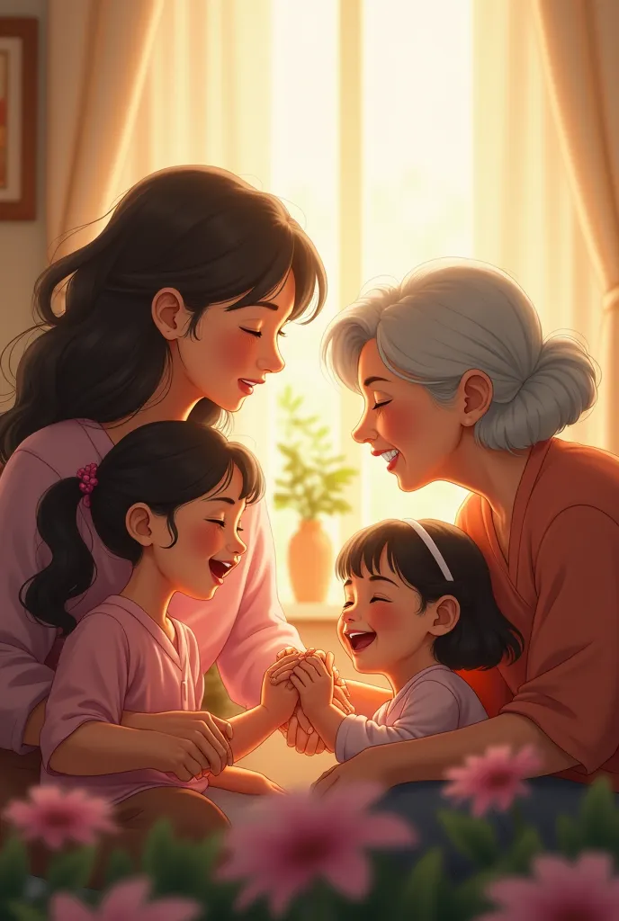 A family of 2 girls, an adult woman and an elderly woman. 