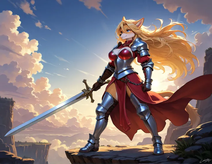 1girl, furry_female, furry, weapon, armor, sword, breasts, holding, holding_weapon, chain, snout, solo, holding_sword, cloud, long_hair, outdoors, shoulder_armor, sky, blonde_hair, boots, a woman in armor holding a sword standing on a cliff, female knight,...