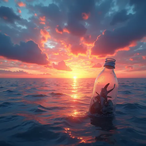 Give me a picture of a sea with a sunset. Beautiful colors.  (Red, orange, blue, purple )   A beautiful ocean, but it suffers from some human waste and small fish stuck in a bottle of water