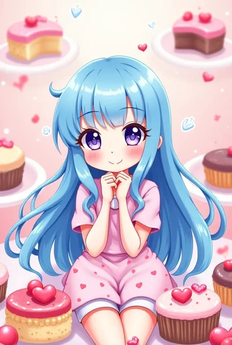 Anime pixel image pastry girl with long blue hair