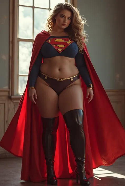 Supergirl sexy very big breasts micro uniform, high cut to the waist of the uniform,  large breasts, wide hips