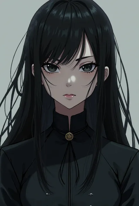 Anime girl with black hair and dark eyes has a cold and serious expression, she always chooses to wear dark