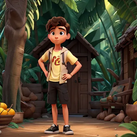 Pixar-style 3D poster of a young man with short wavy hair, in black tennis shoes, in the Amazon rainforest 