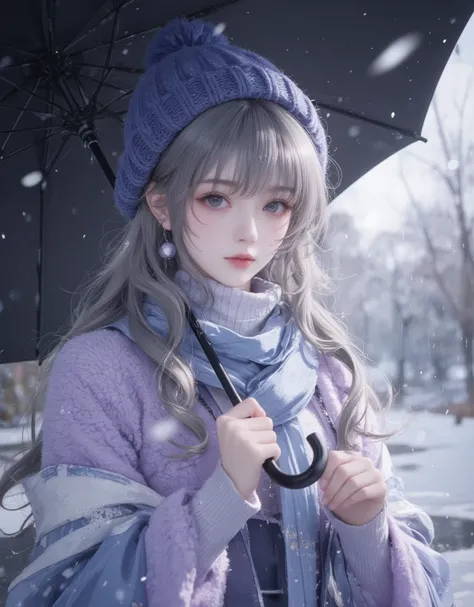 ((( Masterpiece))),  top quality,  Illustration of ,  4k wallpaper ,   cinematic light  ,  absurd,  1 girl,(rain), I'm holding a black umbrella, In winter, Gray Hair,  shiny hair,  wave hair, (((Light purple))) fluffy turtleneck sweater, ((Blue))The scarf ...