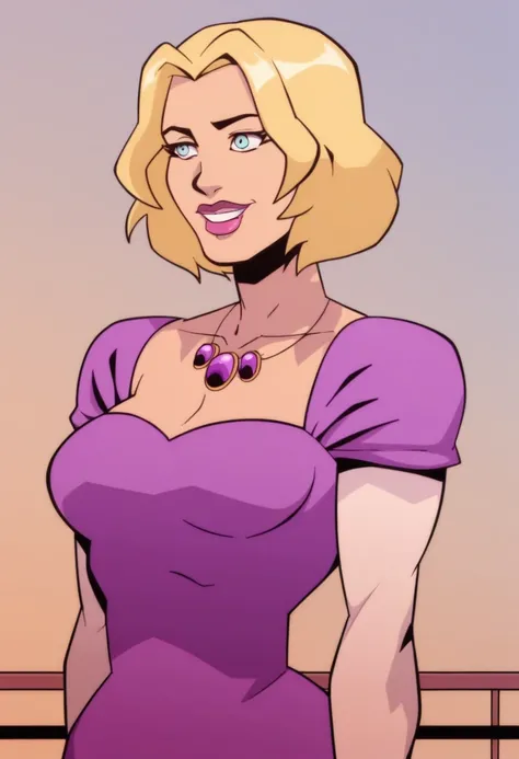  score _9,  score _8_arriba,  score _7_arriba,  score _6_arriba,   source  _ cartoon , ilana_Rostović ,  cartoon , 2d,  blonde hair, 1 girl,  short ass hair, Alone , blue eyes,  upper body , Lipstick, purple necklace, make up, dress, neckline,  Medium Brea...