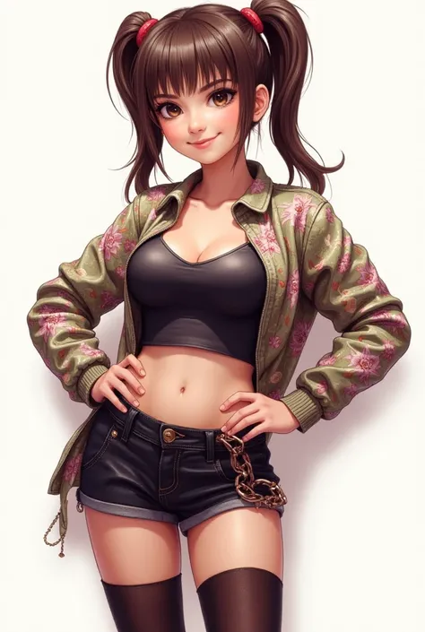 B laura,suntan,flat chested,smug face,camisole,female brat,brown hair twin tails,thighs,microskirt,super tight,hand on hip,print shirt,skirt,thighhighs,