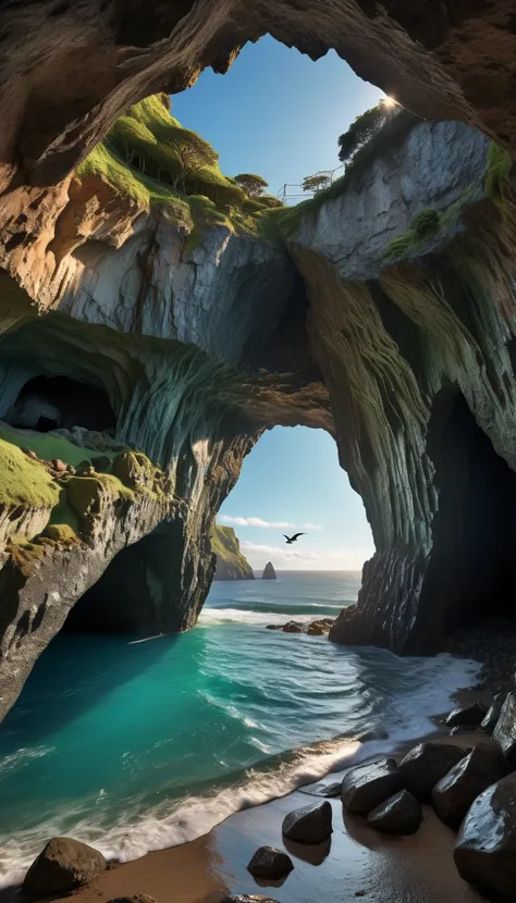 A hyper-realistic, photorealistic image of a cave entrance framing an extraordinary landscape outside. The foreground features the cave's rocky, moss-covered walls, while the view beyond reveals a stunning coastal scene with cliffs leading to a turquoise o...