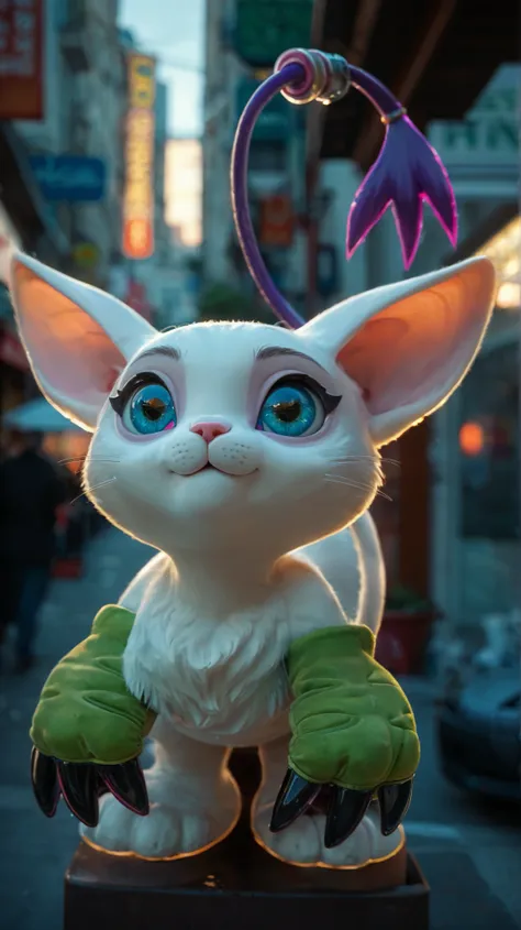 character resembling a small, cat-like creature. It has a predominantly white body with large, expressive blue eyes and a small, pink nose. The character features oversized ears with purple tips and a long, thin tail ending in a purple tuft. Its front paws...